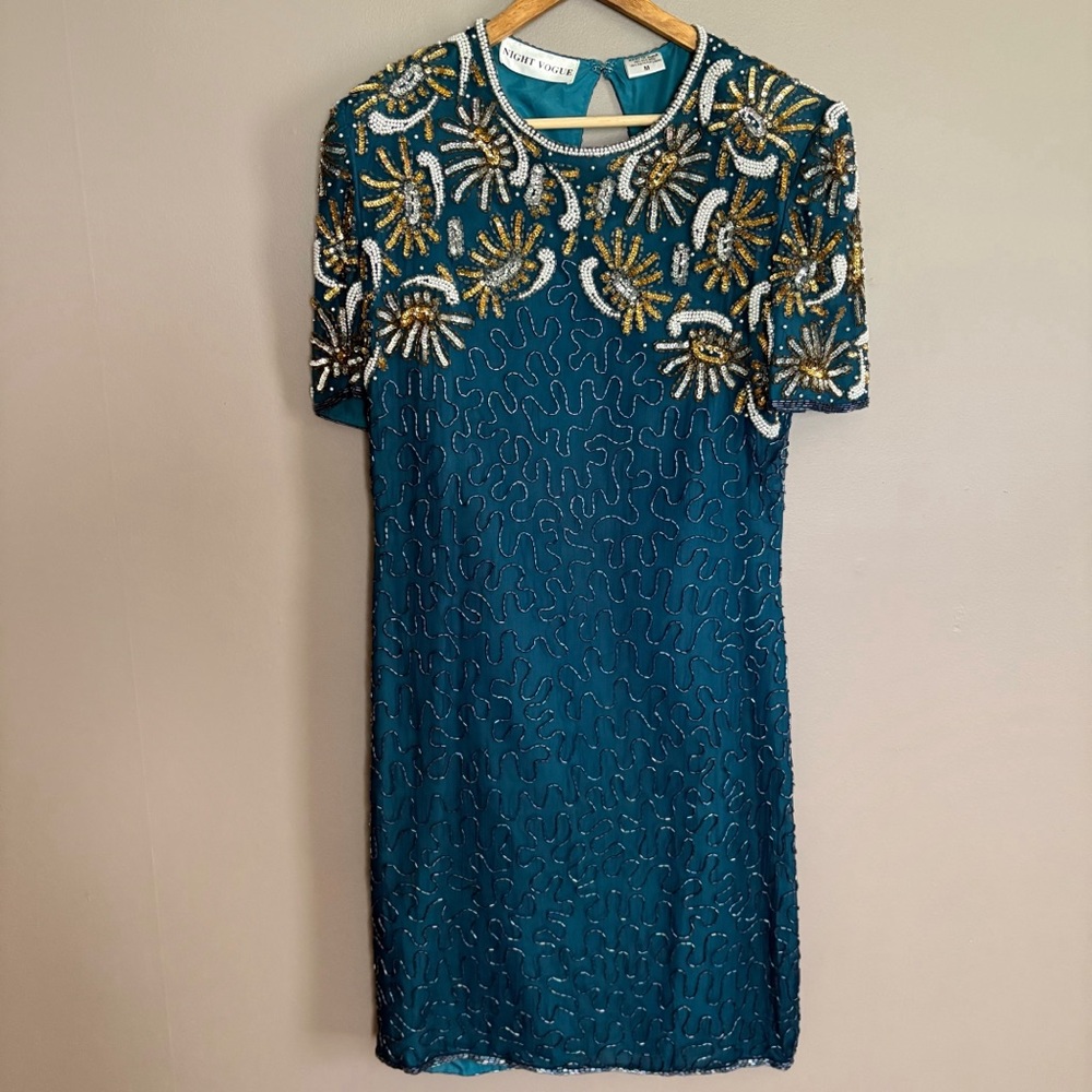 Vintage Night Vogue Elegant Teal Beaded Short Sleeve Dress Size Medium
